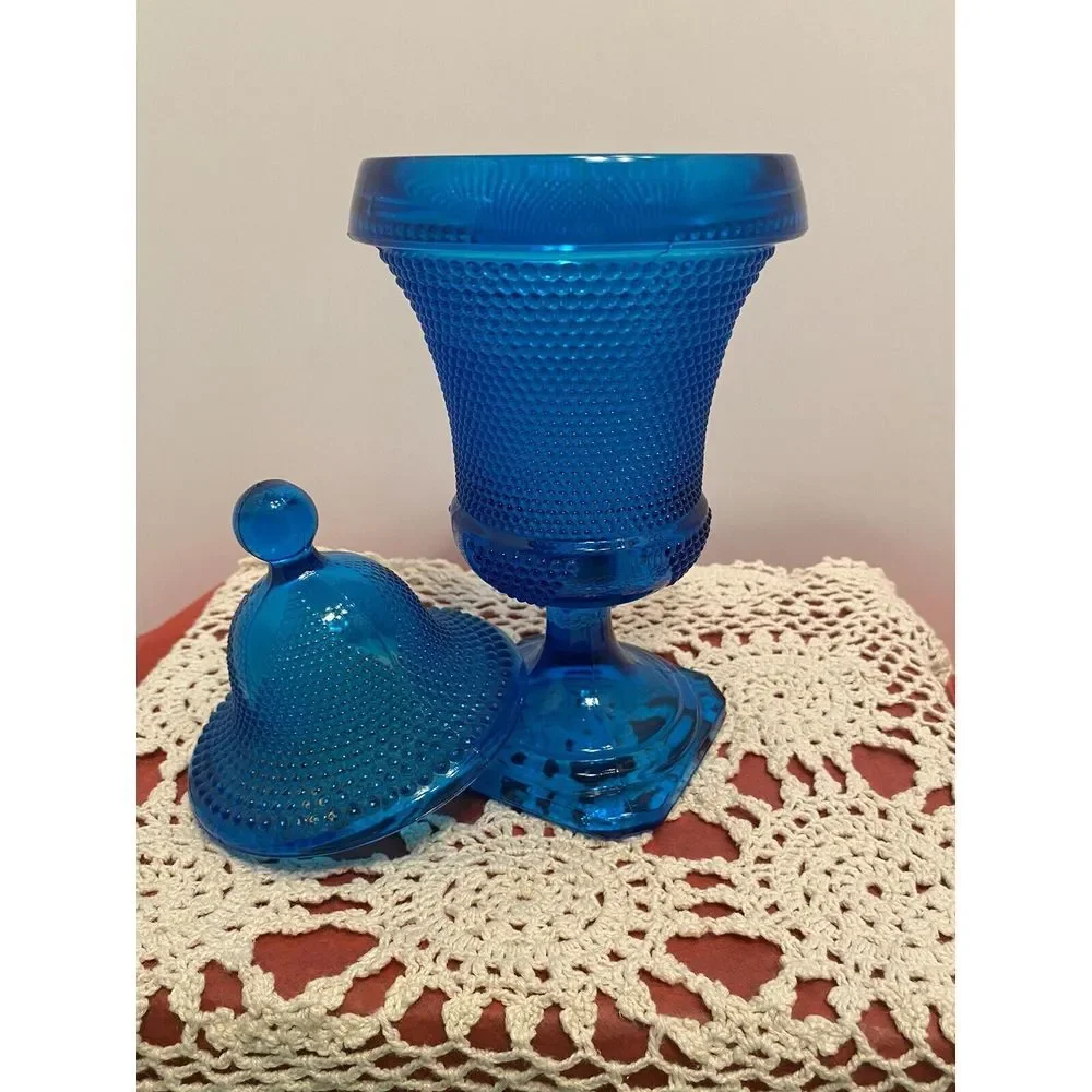 Blue Glass Lidded Apothecary Jar, Dot & Leaf Pattern, 10.5